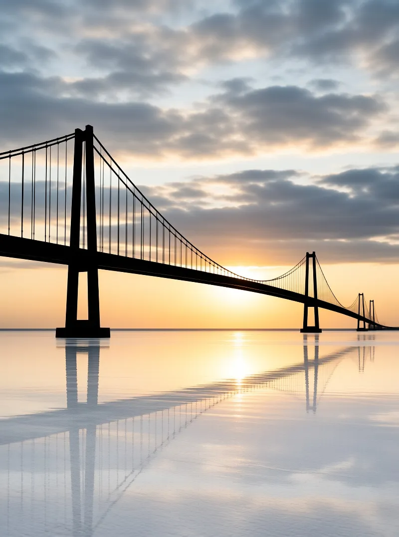 Silhouetted suspension bridge spanning calm reflective water under a cloudy sunset sky with golden horizon light.
