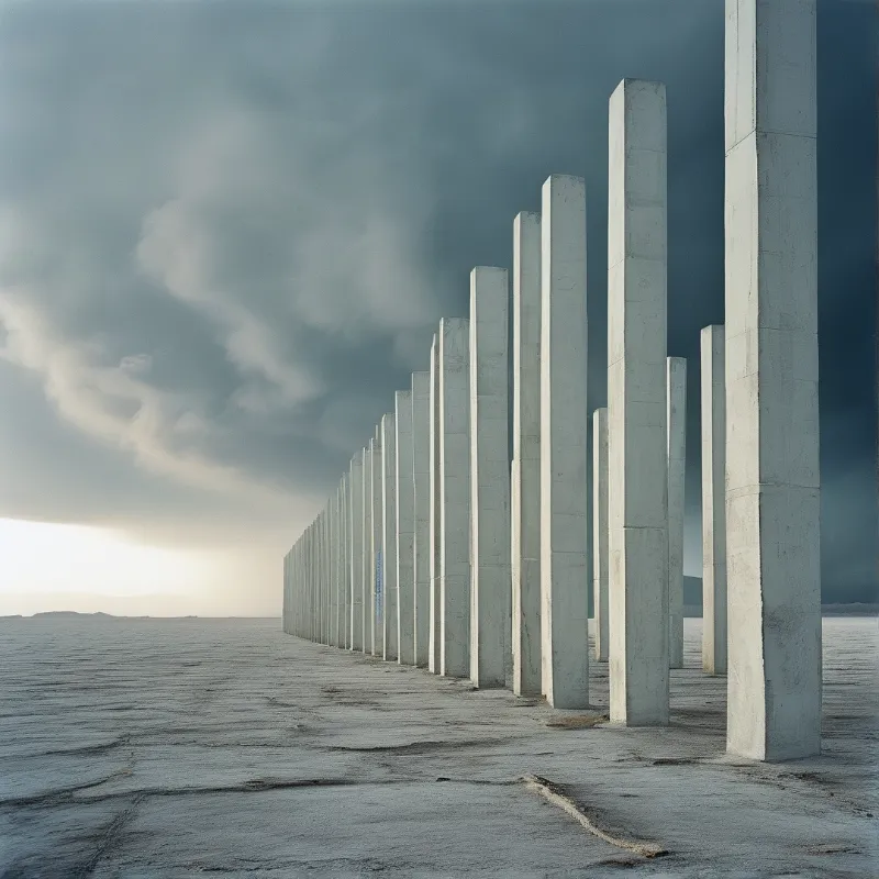 A row of tall white concrete pillars stands in perspective across a vast cracked salt flat under a cloudy sky.