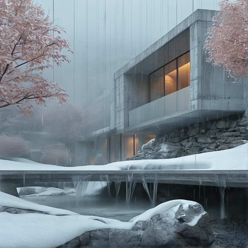 Modern concrete structure rises above a snow-covered stream with pink trees swaying in the misty atmosphere.