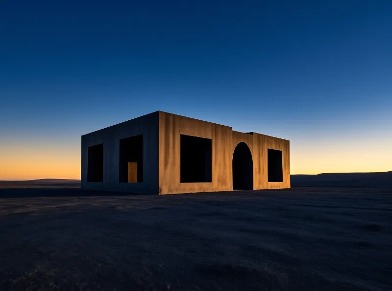 A minimalist concrete building with large openings stands alone in a sandy landscape under a blue and orange twilight sky.