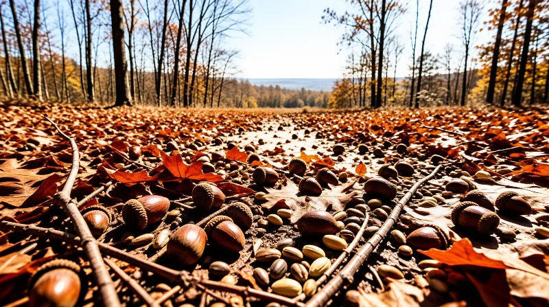 Hazelnuts and acorns rest on a thick layer of orange autumn leaves under bright sunlight in a woodland clearing.