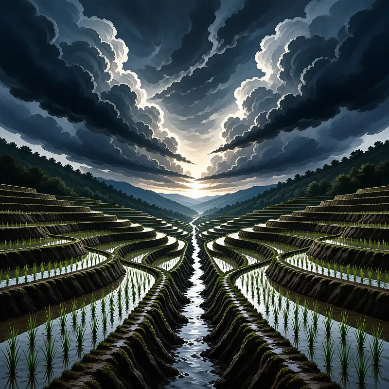 Flooded terraces curve toward the horizon while soft golden light breaks through dark billowing storm clouds.
