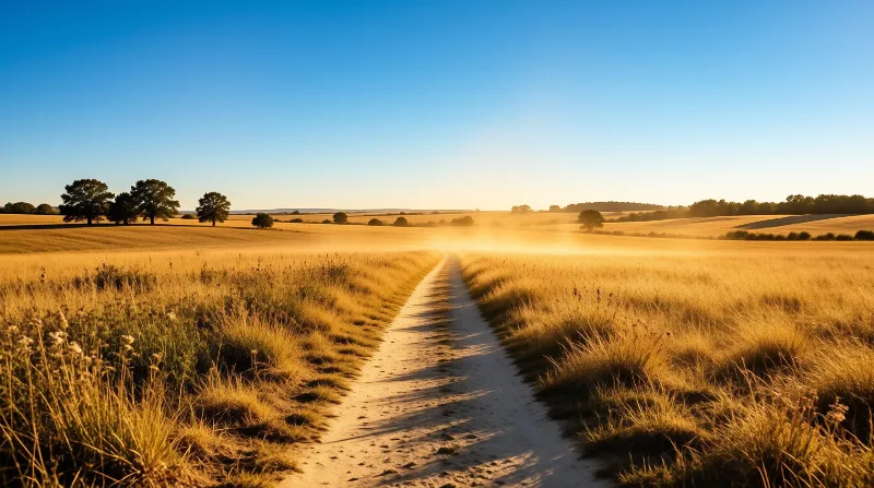 A sandy trail winds through a vast golden field with trees in the distance under warm morning sunlight.