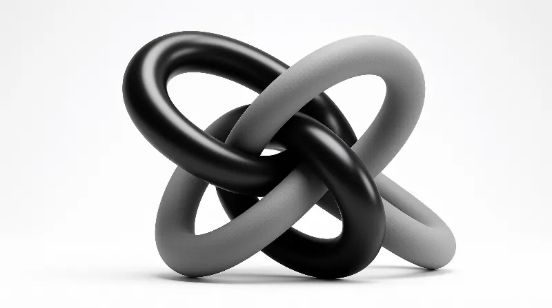 Two glossy black and two matte gray ring shapes are woven together as a 3D render on a clean white seamless background with soft even lighting.