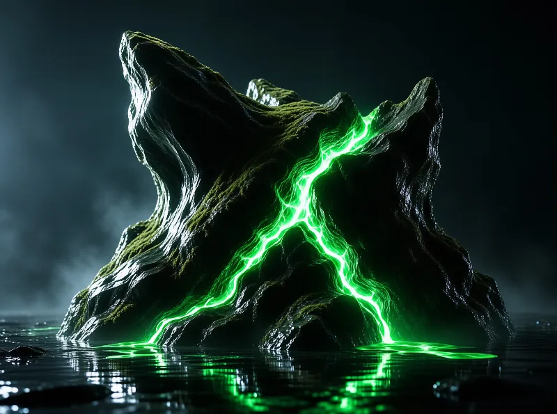 A dark glossy rock formation rises from still water with bright green luminous veins branching across its surface.