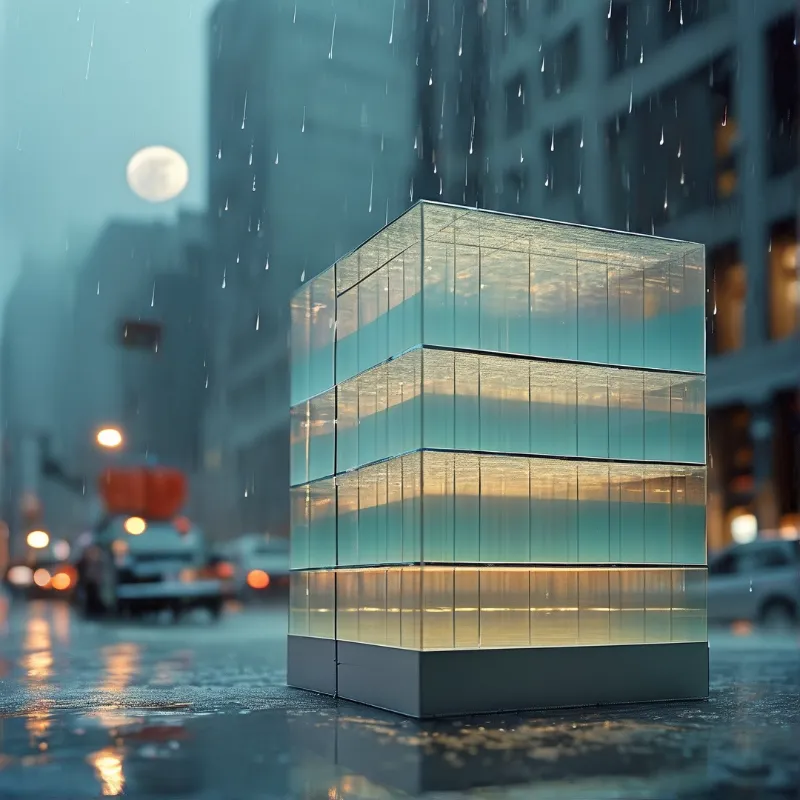 A layered translucent glass cube sculpture glows teal and amber on a rain-soaked city street at dusk.