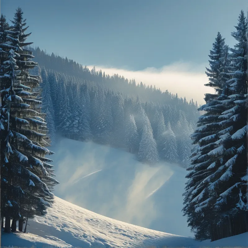 Tall snow covered evergreens line a gentle slope where golden rays of light pierce through the dense foggy atmosphere.