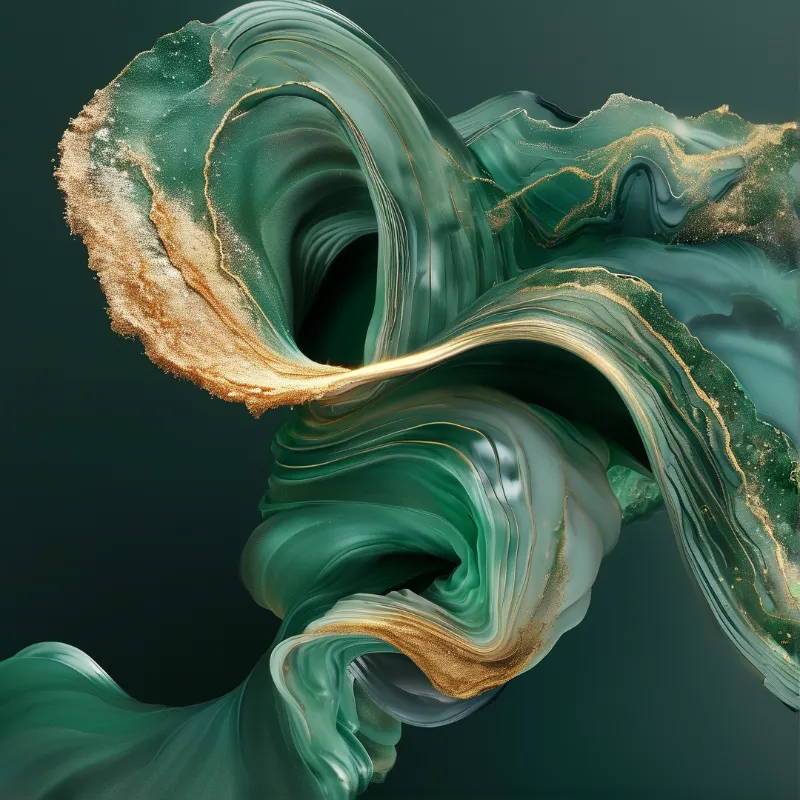 A digital abstract swirl of glossy emerald green fluid accented with flecked matte gold set against a deep dark teal plain background.