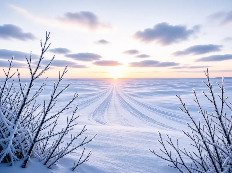 A vast frozen plain features winding tracks leading toward a bright low sun on the horizon framed by snowy shrubs.