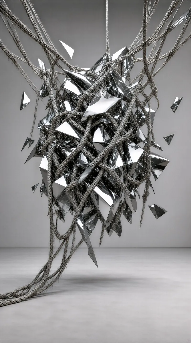 A cluster of shiny metallic geometric shapes entwined with thick ropes in a plain, monochrome room