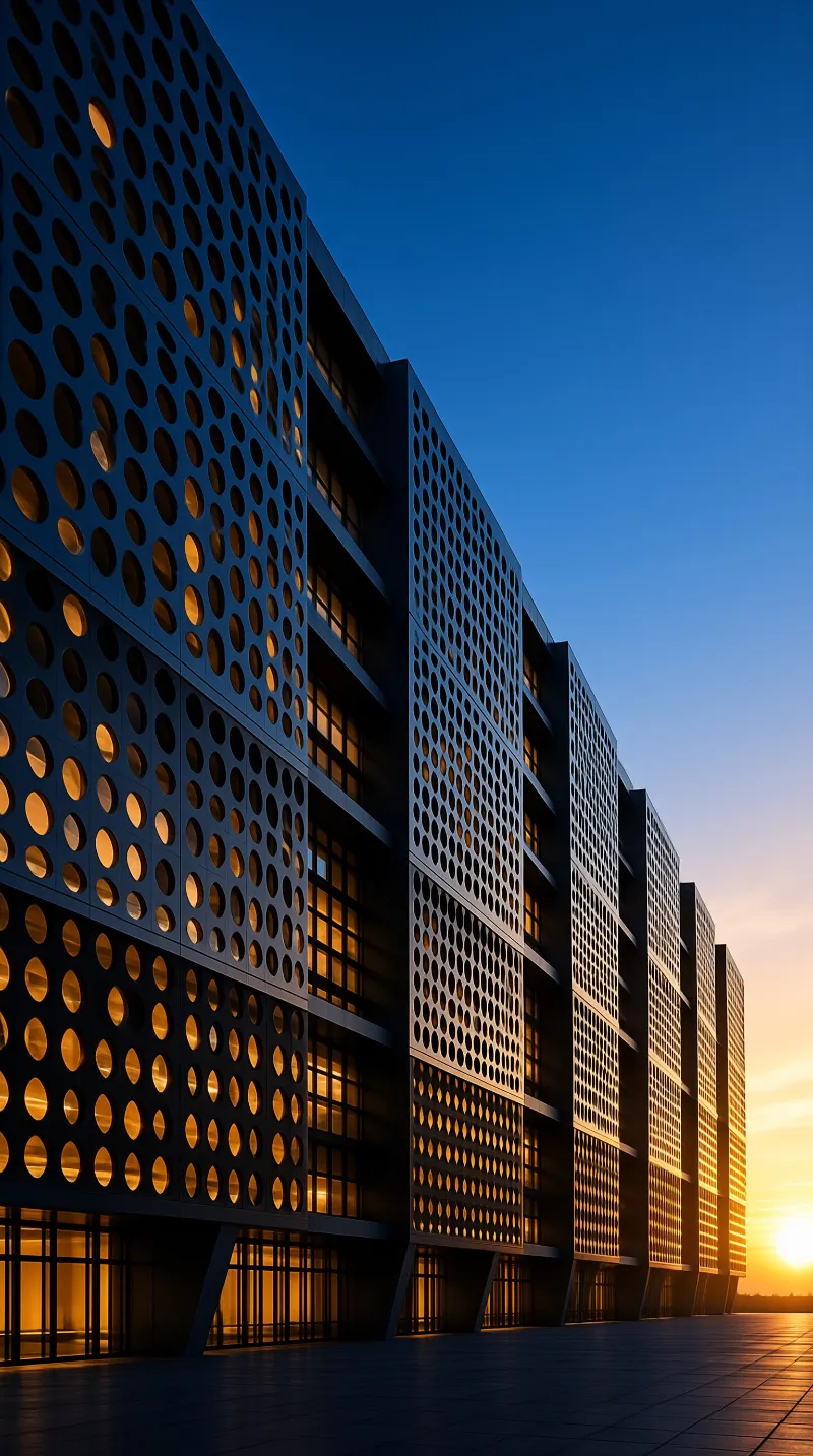 Multi-story buildings with perforated metal screens glow warmly against a deep blue twilight sky.