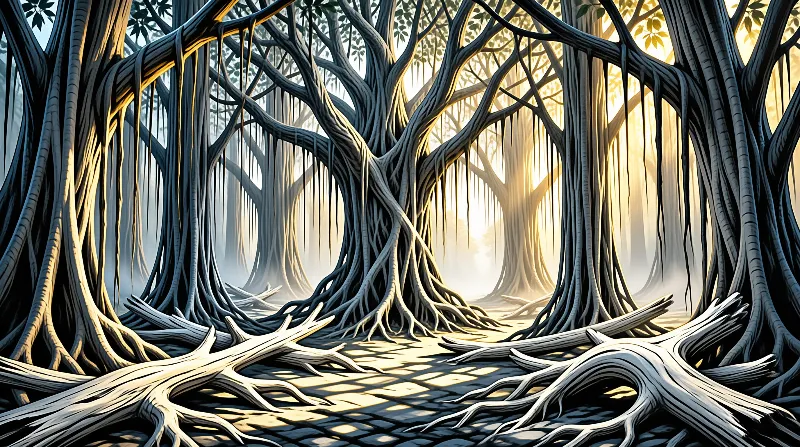 Large twisting trees with hanging vines stand in a misty forest illuminated by warm golden sunlight.