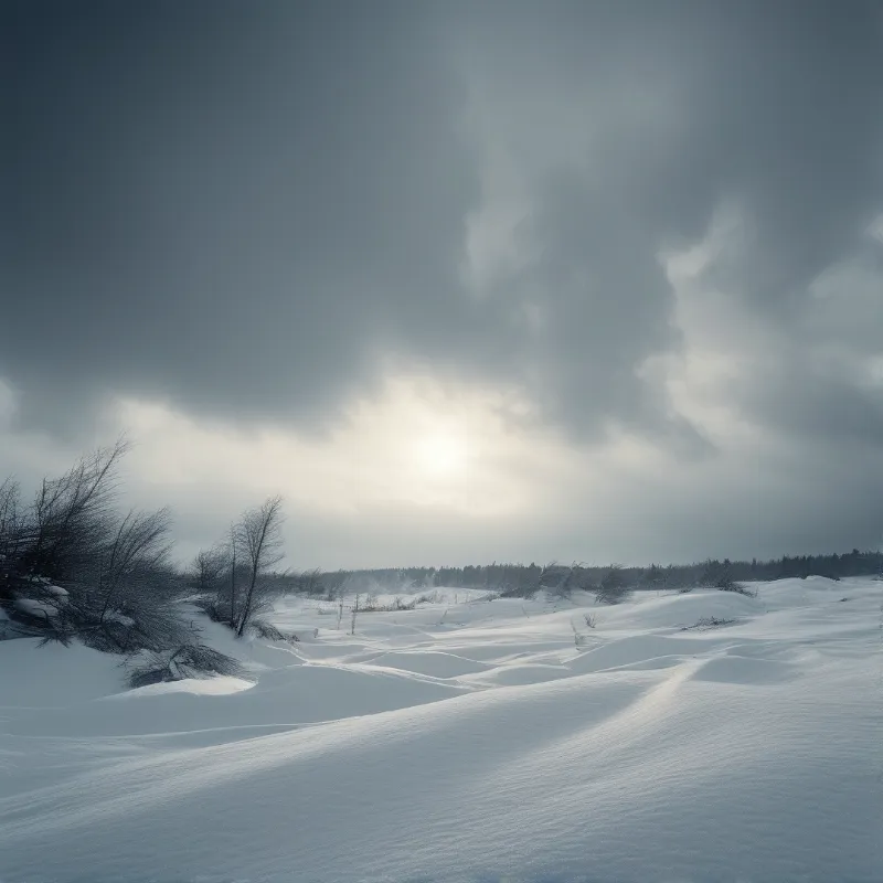 A snowy field with dark leafless trees on the left and a bright sun shining through thick grey clouds above.