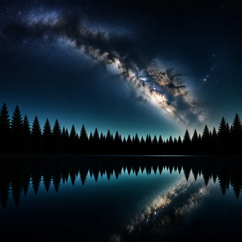 The bright Milky Way arcs over dark conifer forest silhouettes and is mirrored perfectly in the calm lake beneath.