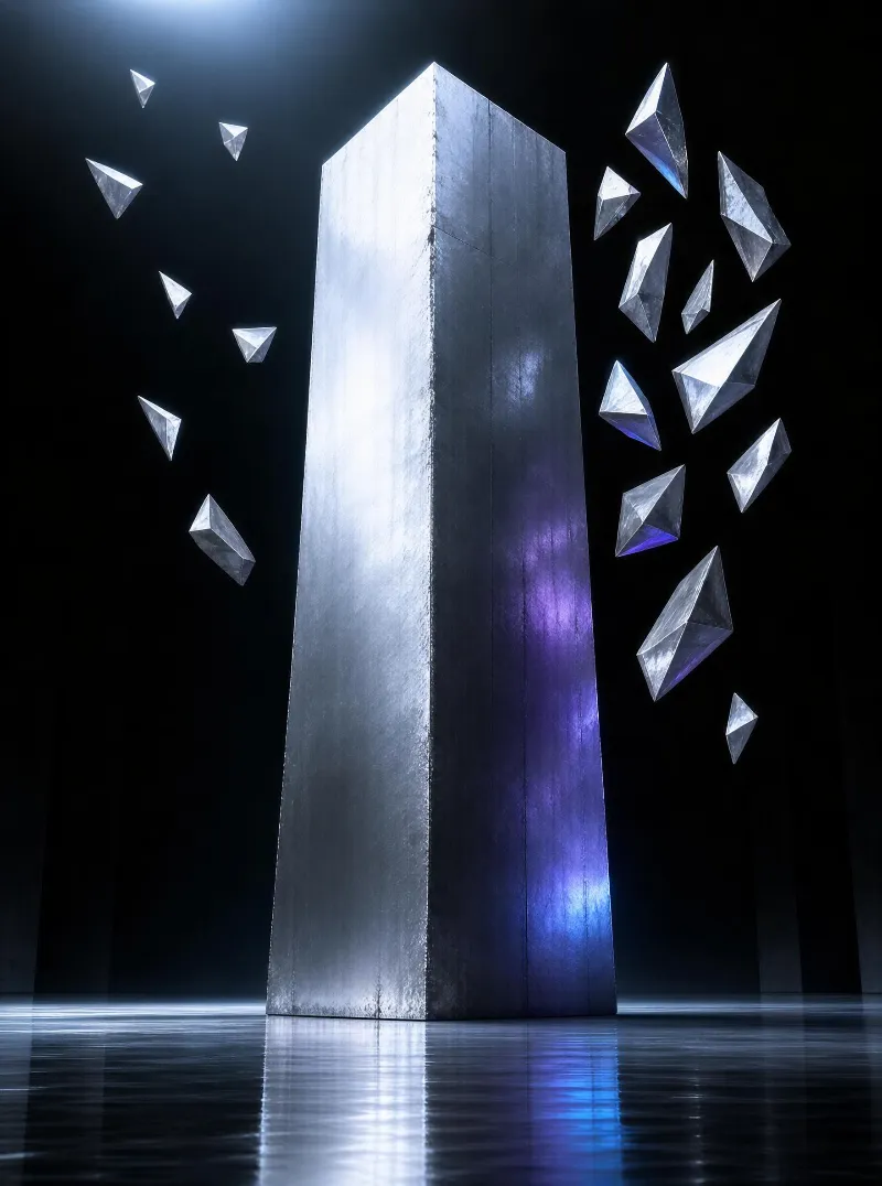 A tall metallic pillar stands in a dark environment with floating crystalline fragments, its surface reflecting cool blue and purple light