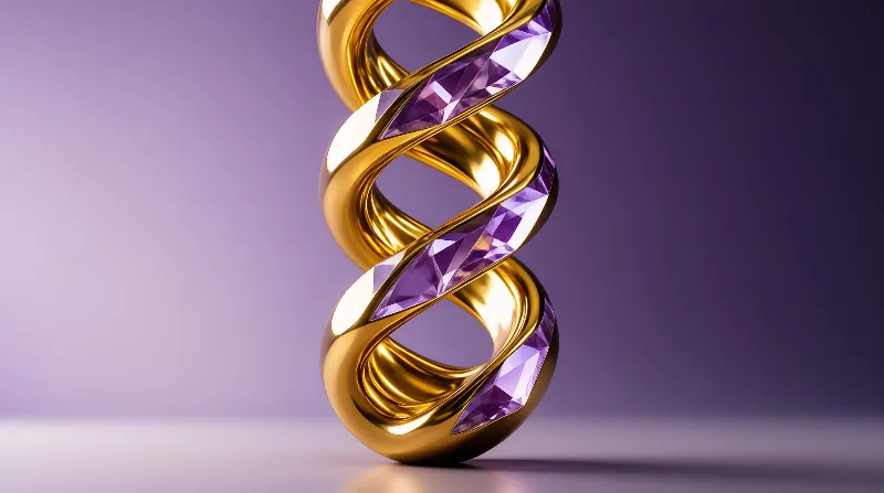 A metallic gold twisted form features purple faceted gems spiraling upward on a purple gradient background.