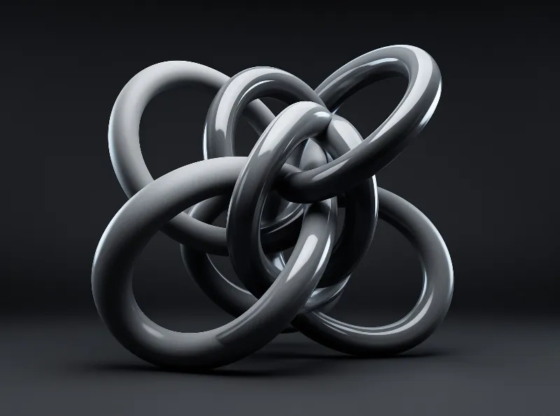 A cluster of polished grey rings are knotted together in a dark void with high contrast reflections.