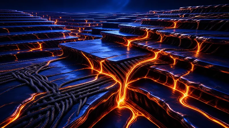 Dark glossy steps ascending with bright orange glowing cracks resembling molten lava under deep blue ambient light.