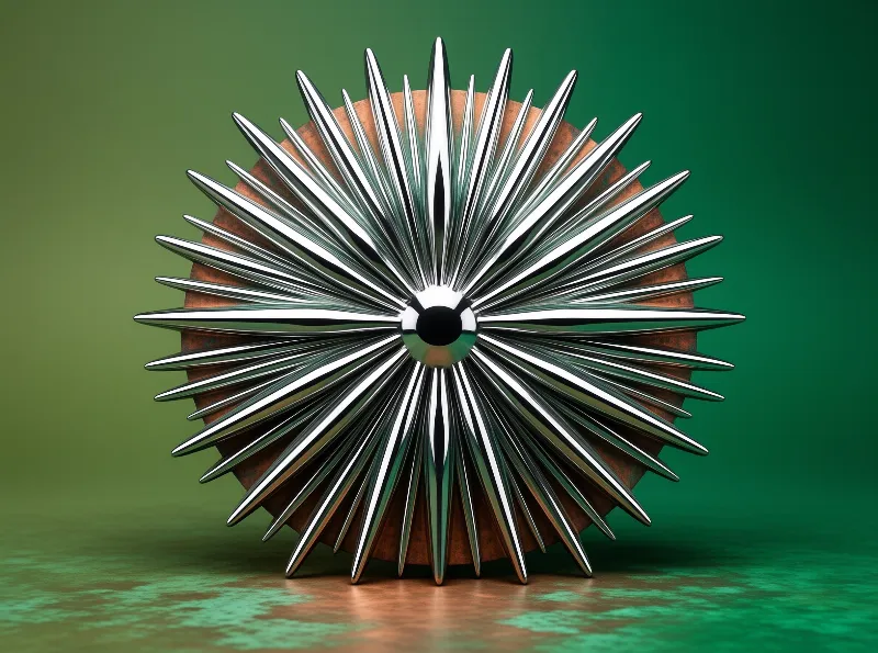 A radial chrome sculpture with sharp polished spikes sits over a rusted disc against a green backdrop.