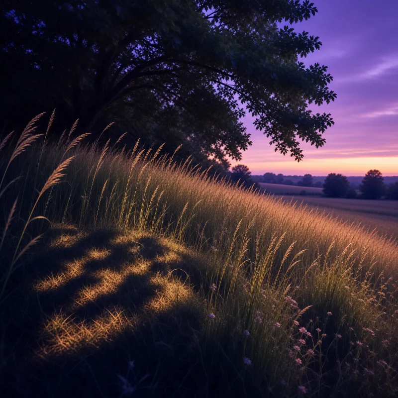 Tall dry grass catches the last warm light of sunset while a large tree casts a dark shadow across the left foreground.