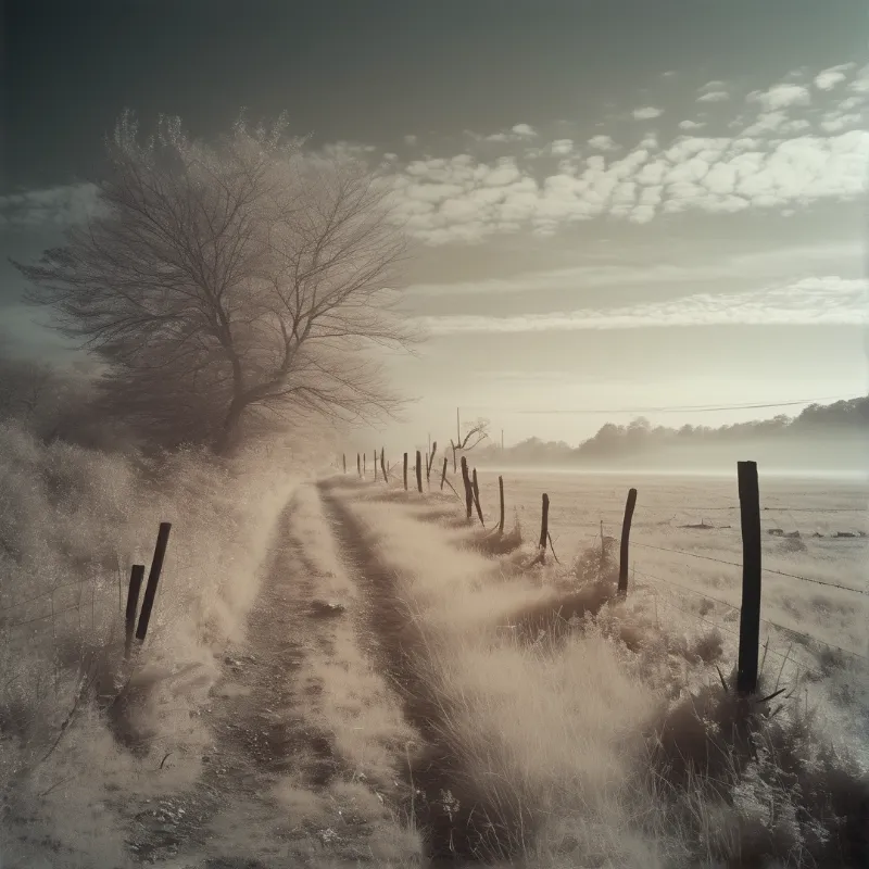 A dirt path winds through a frost covered field lined with weathered wooden fence posts under a cloudy sky.