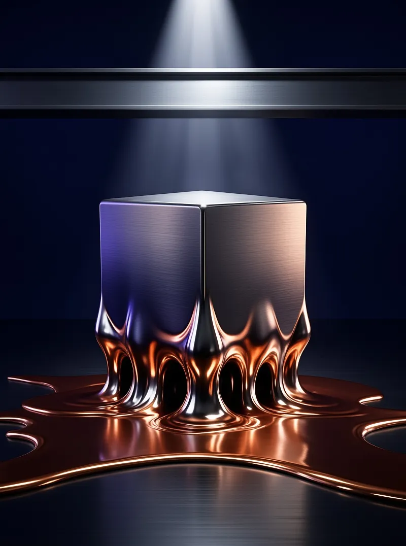 A brushed metal cube is melting into a glossy copper puddle beneath a vertical beam of light on a dark reflective stage