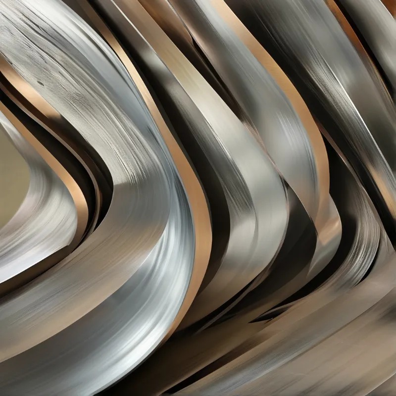 Sweeping ribbons of brushed metal curve and overlap in tones of cool silver and warm copper in an abstract composition