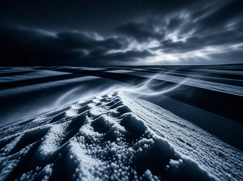 A textured snow ridge stretches across a vast desolate plain under a dark cloudy sky with ethereal light trails curving along the landscape edges