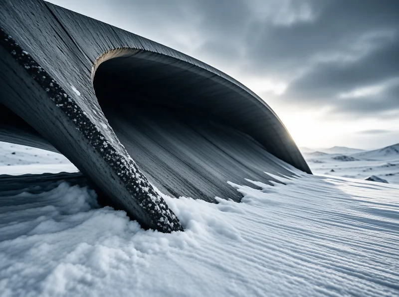 A half-buried curved concrete tunnel sits in a barren snowy tundra under pale overcast dusk skies.