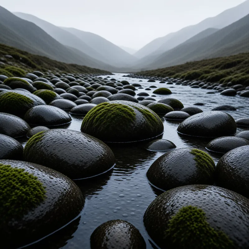 Smooth stones covered in green moss line a river flowing through misty mountain valley under grey overcast lighting.