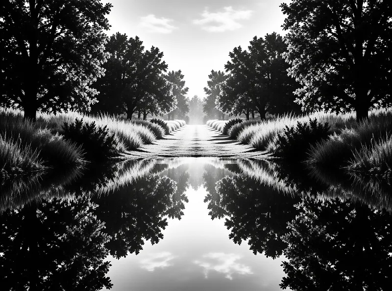 A symmetrical black and white view of a tree lined path with tall grass, mirrored in still water in the foreground.