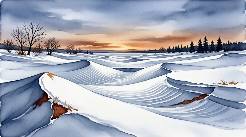 Snowy landscape with rolling drifts, bare trees, and distant evergreens beneath a soft orange and blue twilight sky.