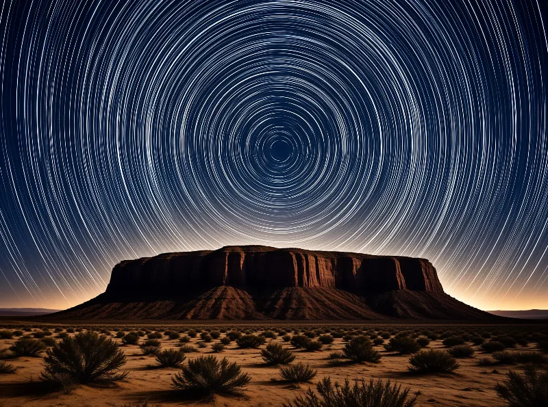 Concentric circles of star trails swirl above a flat topped mesa in a dark desert landscape.