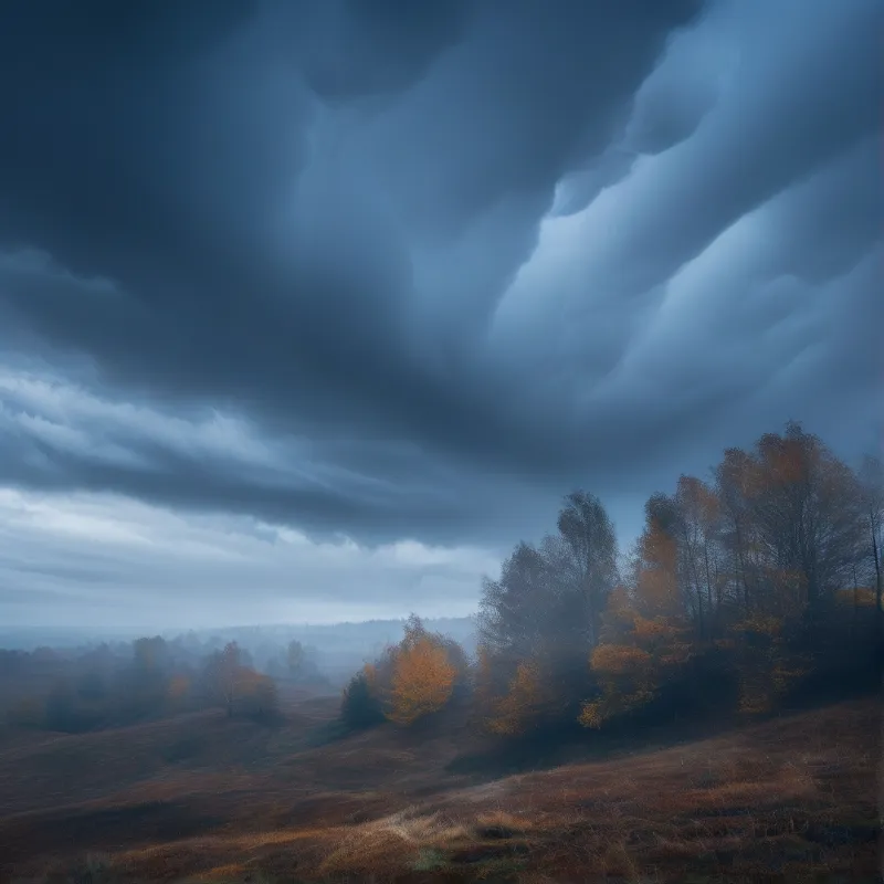 A moody landscape showing rolling brown hills and sparse autumn trees beneath a sky filled with heavy dark storm clouds.