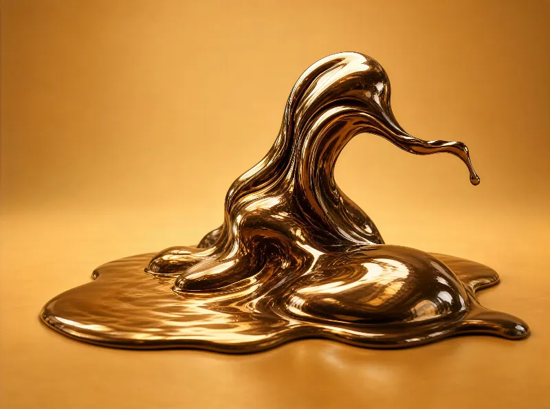 A shiny molten gold sculpture with flowing reflective shapes on solid golden background