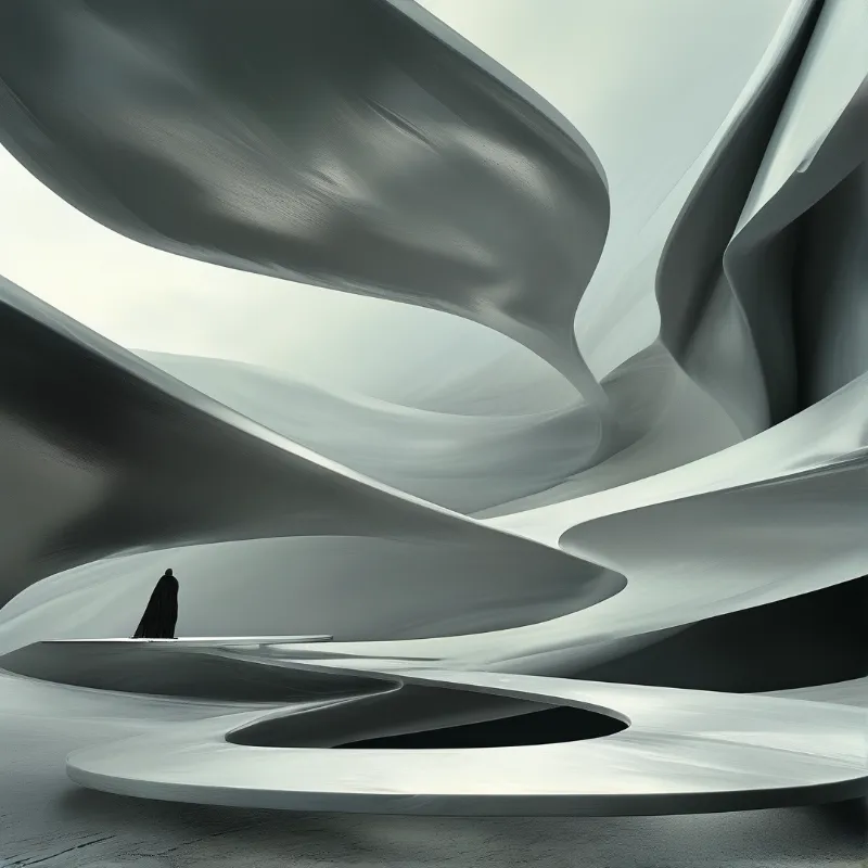 A lone dark figure stands on a shelf of smooth undulating pale salt flats under soft diffused overcast light