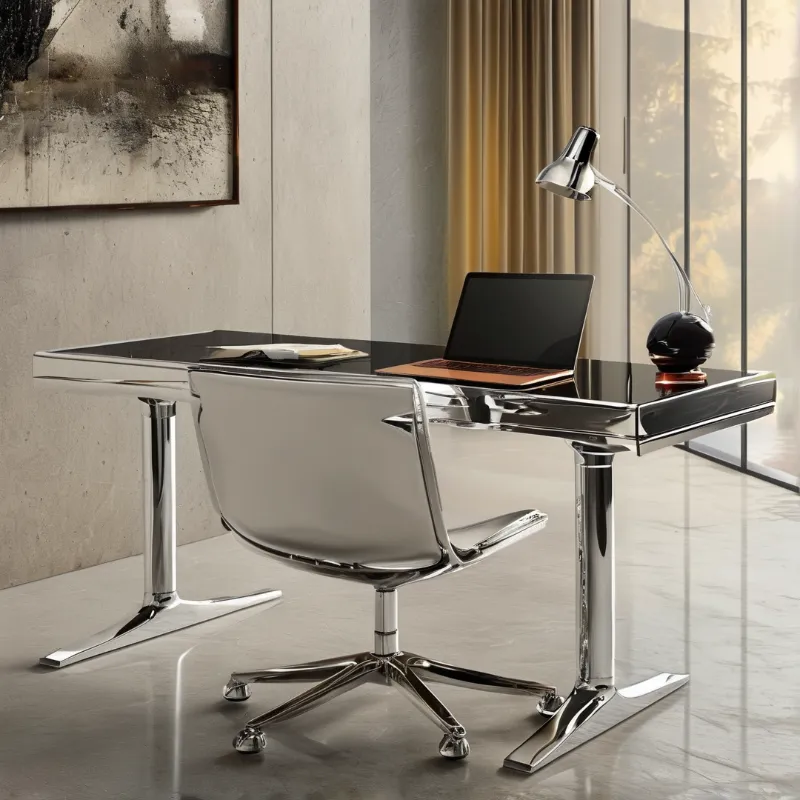 A glossy black desk and chrome chair sit before floor to ceiling windows in a minimalist workspace.
