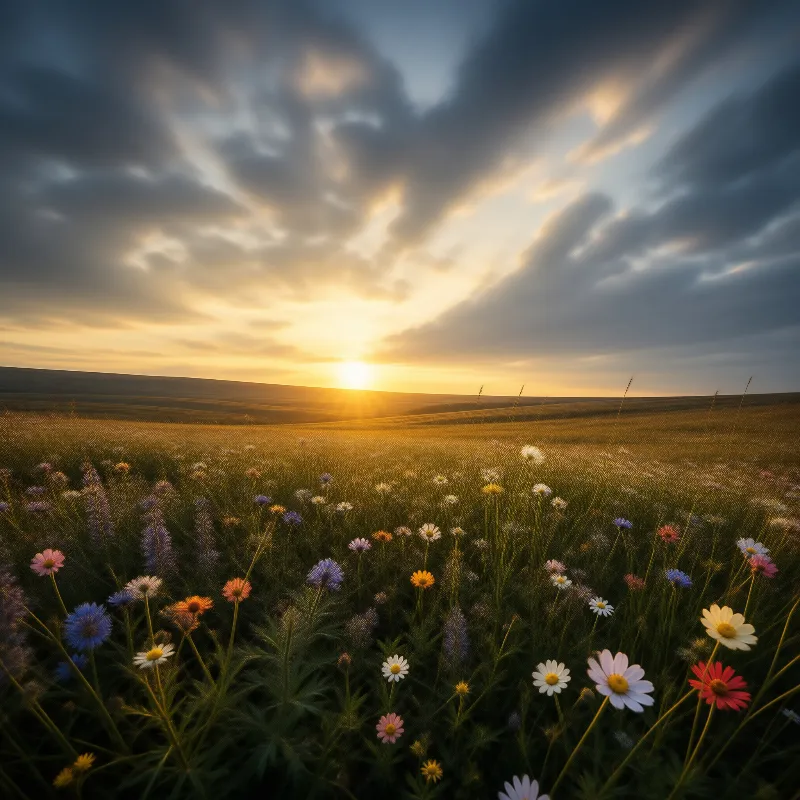 Sunset over wildflower field