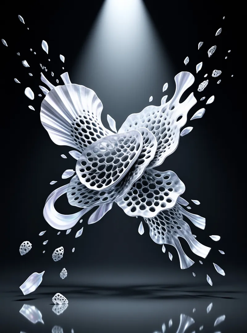 A white butterfly sculpture with perforated wings floats above a reflective black surface under a top spotlight.