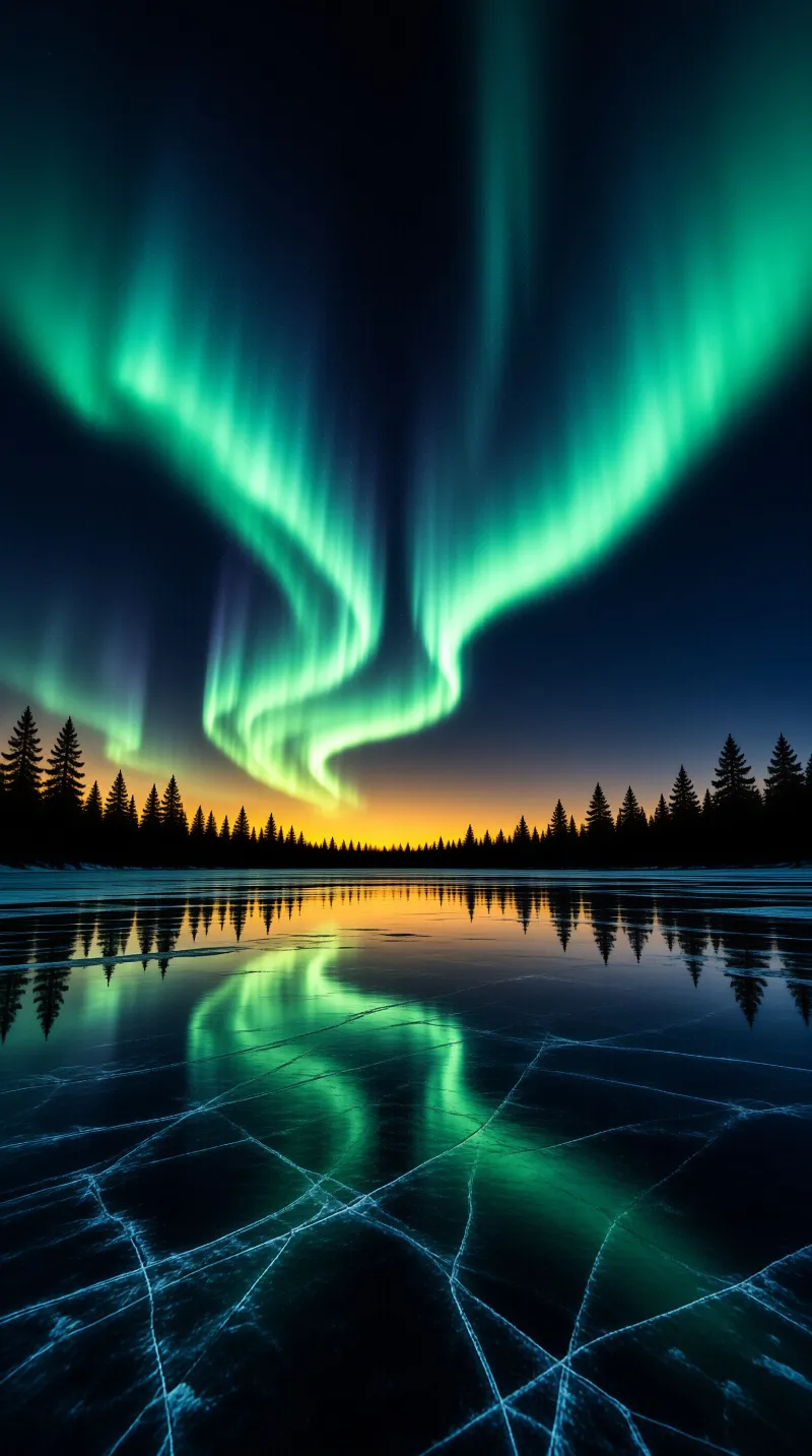 Green northern lights swirl over a frozen lake with cracked ice and dark pine silhouettes under an orange horizon glow.