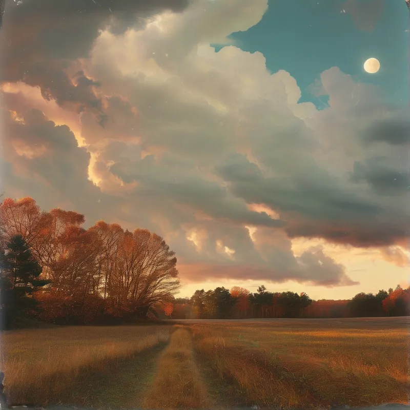 A dirt path winds through a golden autumn field beneath a dramatic sky filled with clouds and a bright moon.