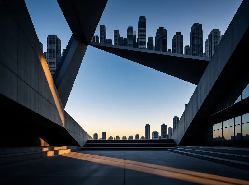 A vast angular concrete structure frames a distant skyline glowing at dusk, its steps cast in long shadows.