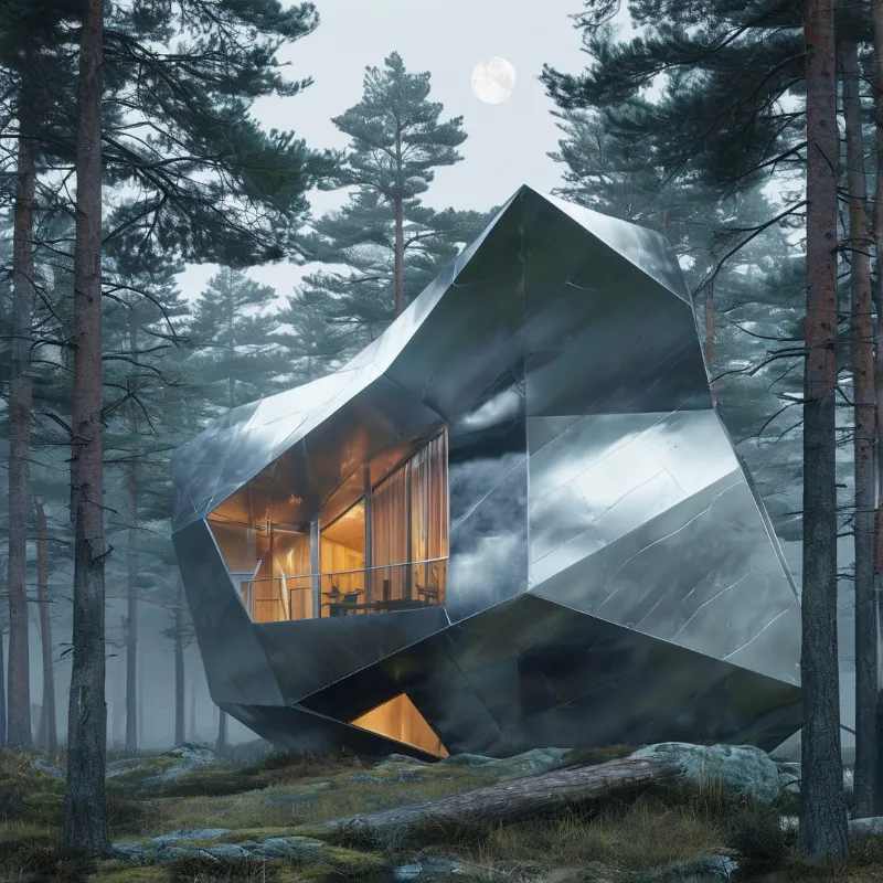 A futuristic silver cabin sits among tall evergreen trees with a full moon visible in the misty sky above