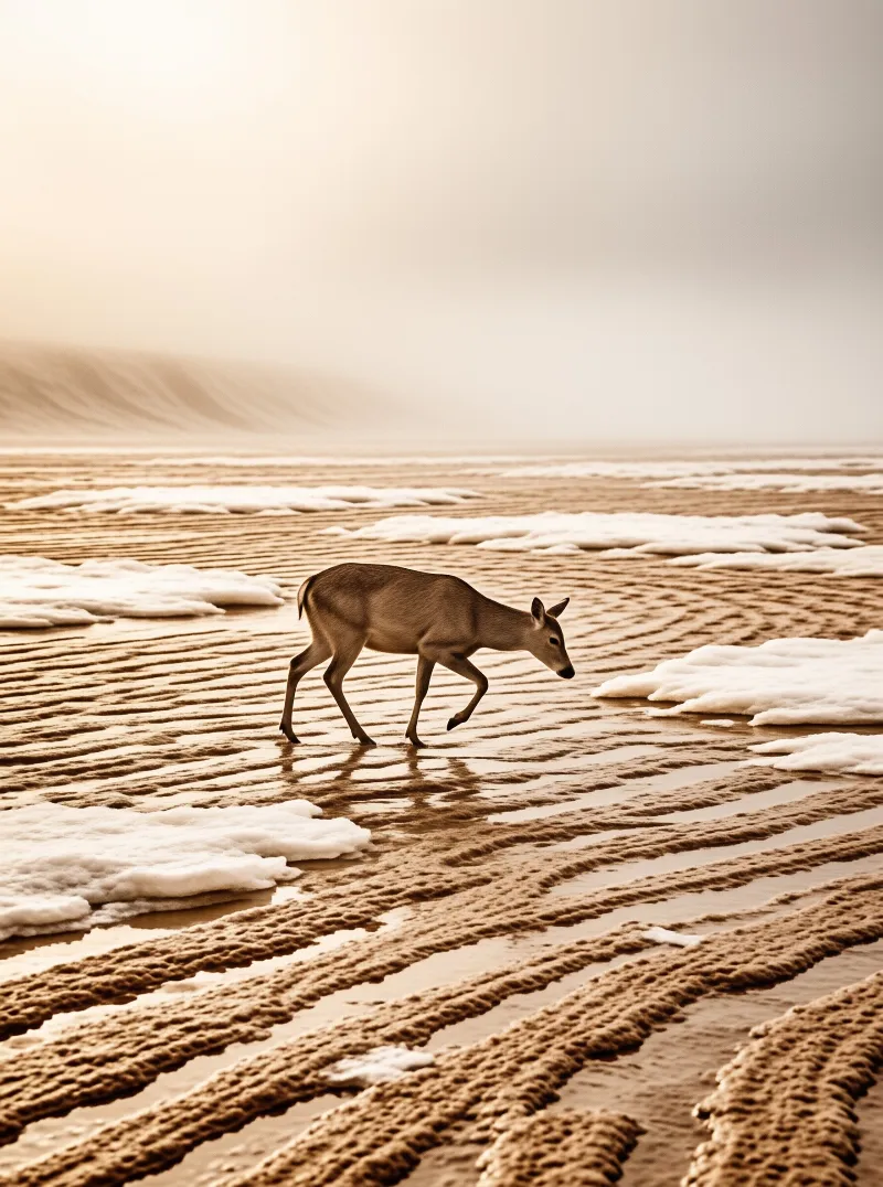 A lone deer walks across a vast sandy landscape marked by wavy ripples and scattered patches of white snow under warm sunlight.