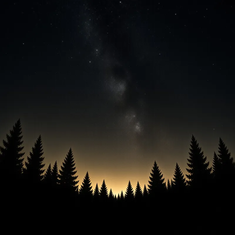 Dark evergreen trees frame a starry night sky where the Milky Way arches above a glowing orange horizon line.