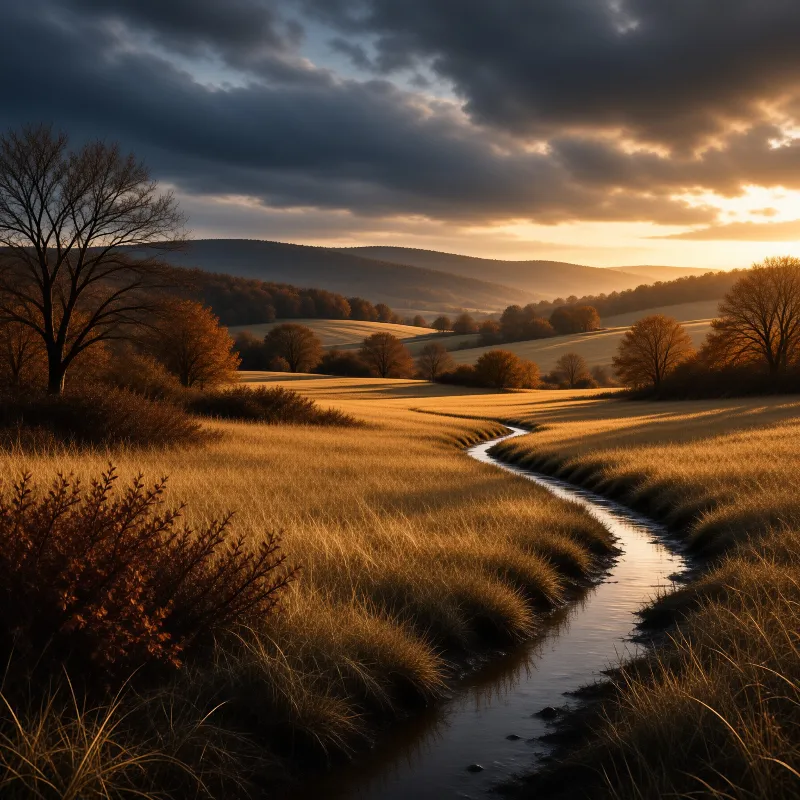 A slender stream winds through golden grasslands under a dramatic sky with sunlight breaking through heavy clouds.