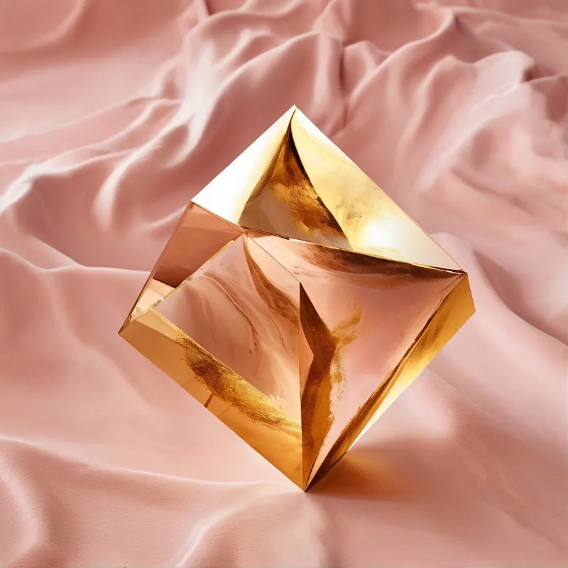 A polished golden crystal shape with mirrored facets lies on rippled pink satin cloth in warm diffuse light.