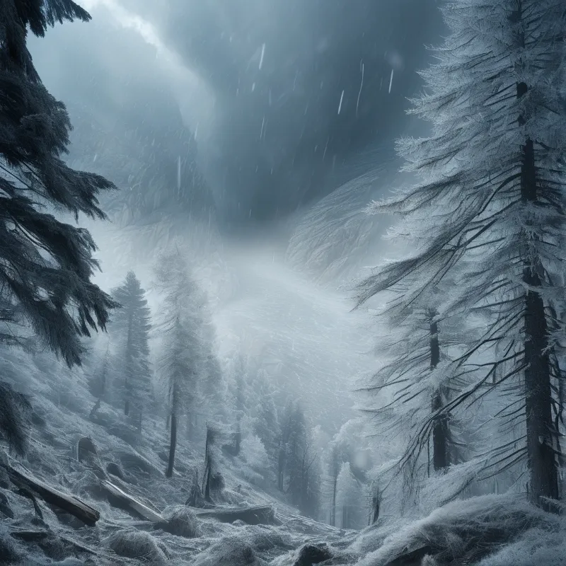 Tall evergreen trees covered in frost and snow stand in a dense misty winter forest under falling snow.