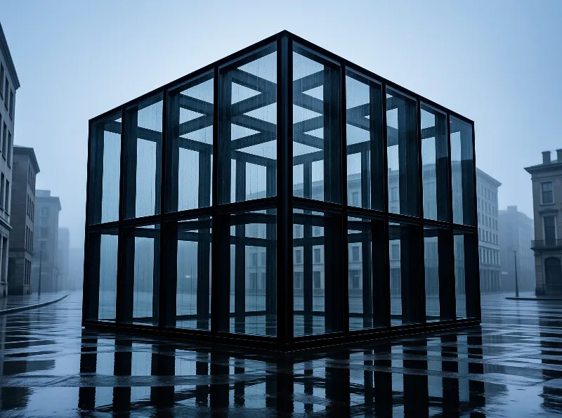 A transparent steel framed glass cube stands on a rain slick plaza wrapped in cool blue fog.