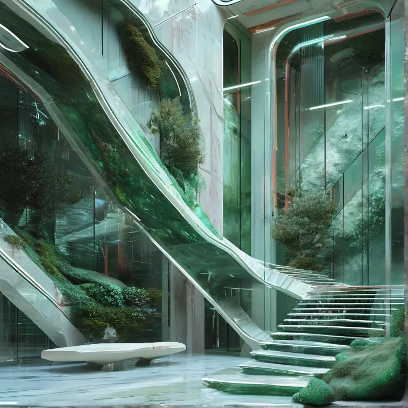 A plant filled curved glass escalator sits in a pale green futuristic lobby with reflective floors and matching glass stairs.